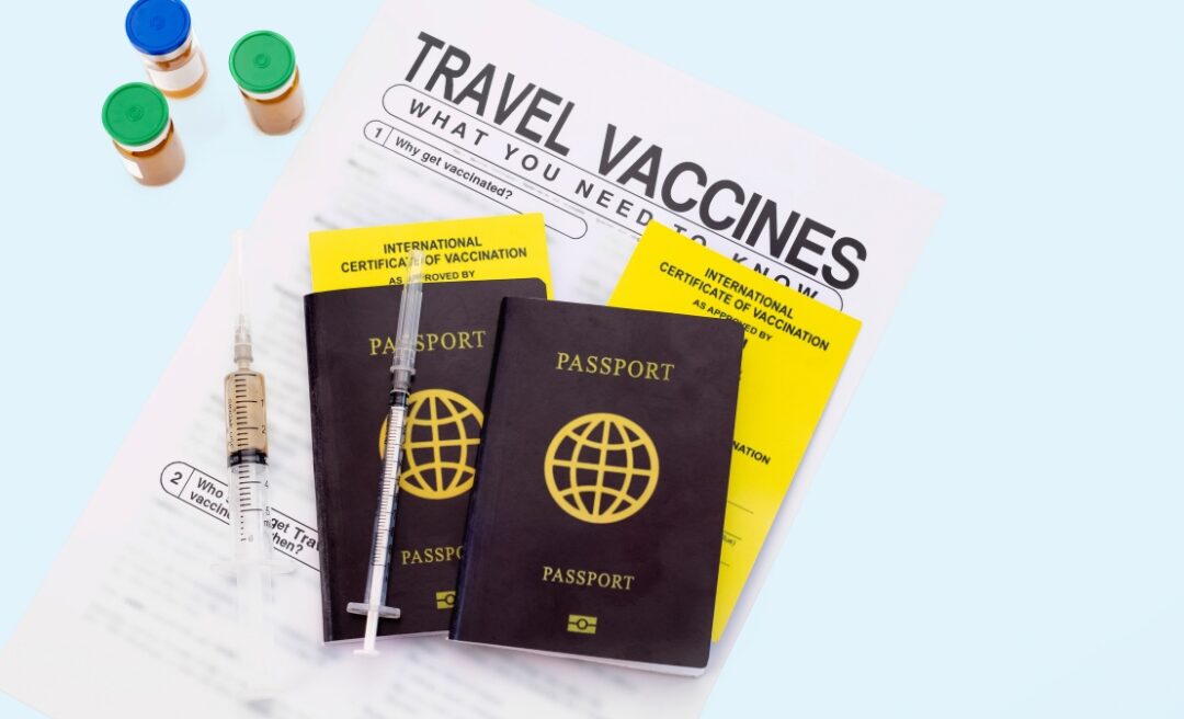 Travel vaccines brochures and passports on a table, highlighting a guide for parents on vaccines for children before international travel.