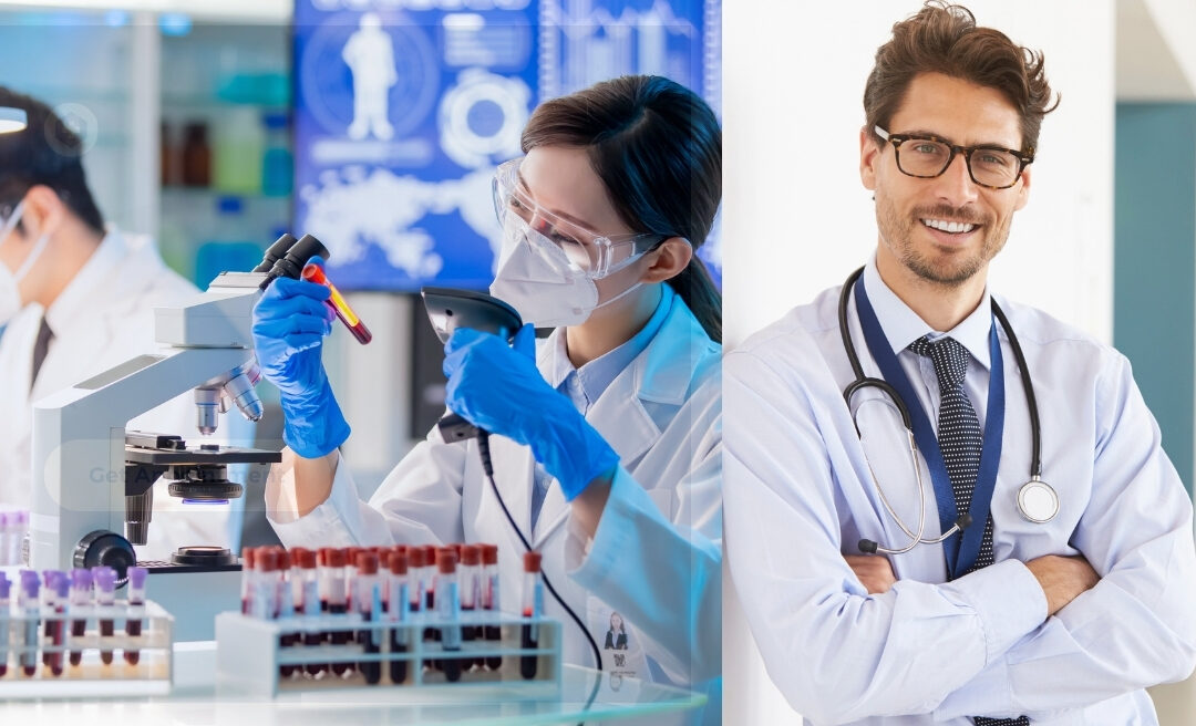 Healthcare professional smiling with lab staff analyzing blood samples, symbolizing the importance of monitoring for a healthy blood pressure.