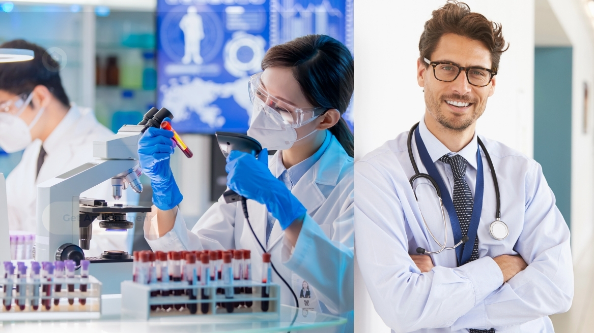 Healthcare professional smiling with lab staff analyzing blood samples, symbolizing the importance of monitoring for a healthy blood pressure.